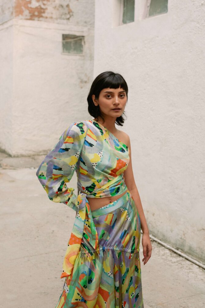 One shoulder tie top with gathered skirt