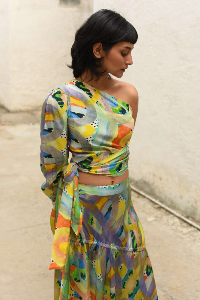 One shoulder tie top with gathered skirt