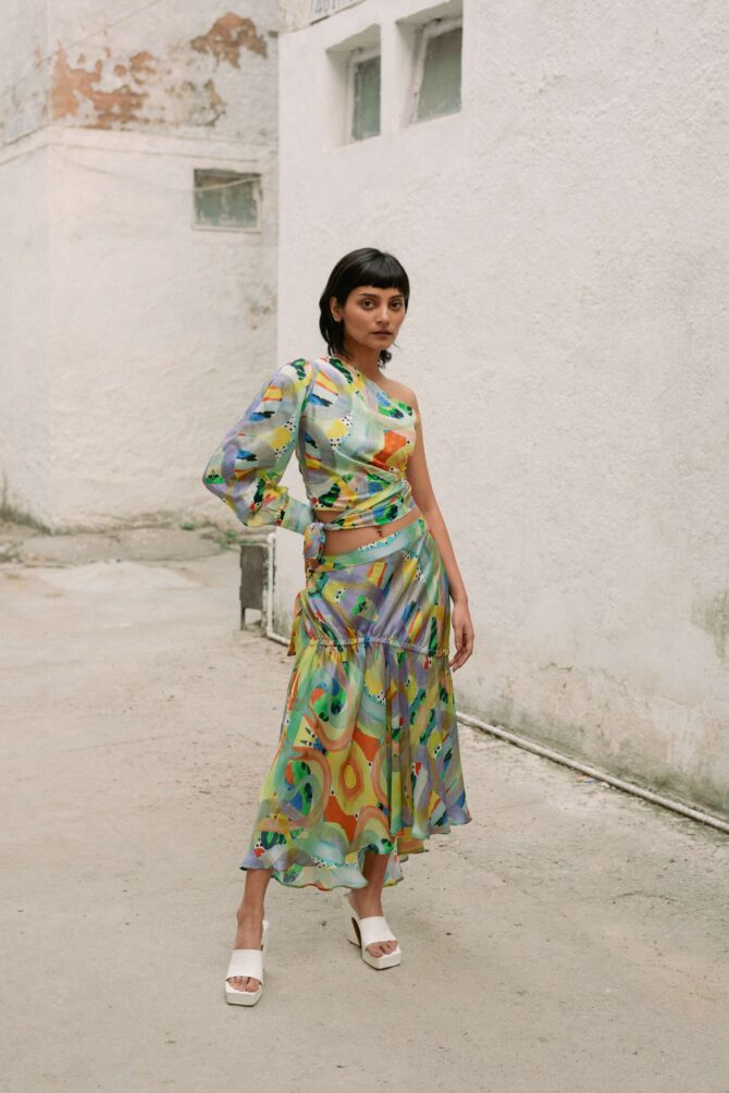One shoulder tie top with gathered skirt