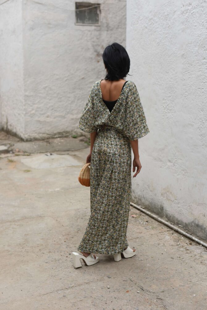 V-neck tie top with box pleat pants