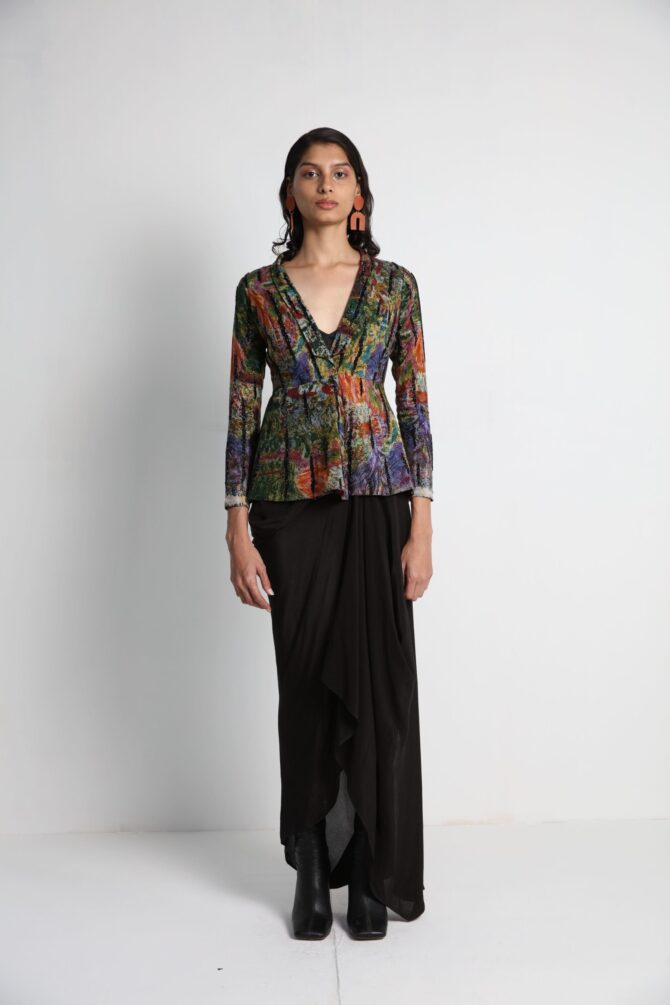 Long Jacket with Draped Skirt and Bralette