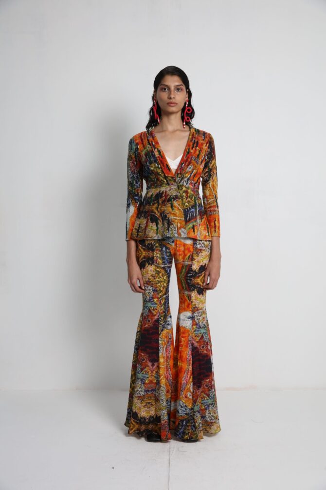 Long Jacket with flared pants and Bralette