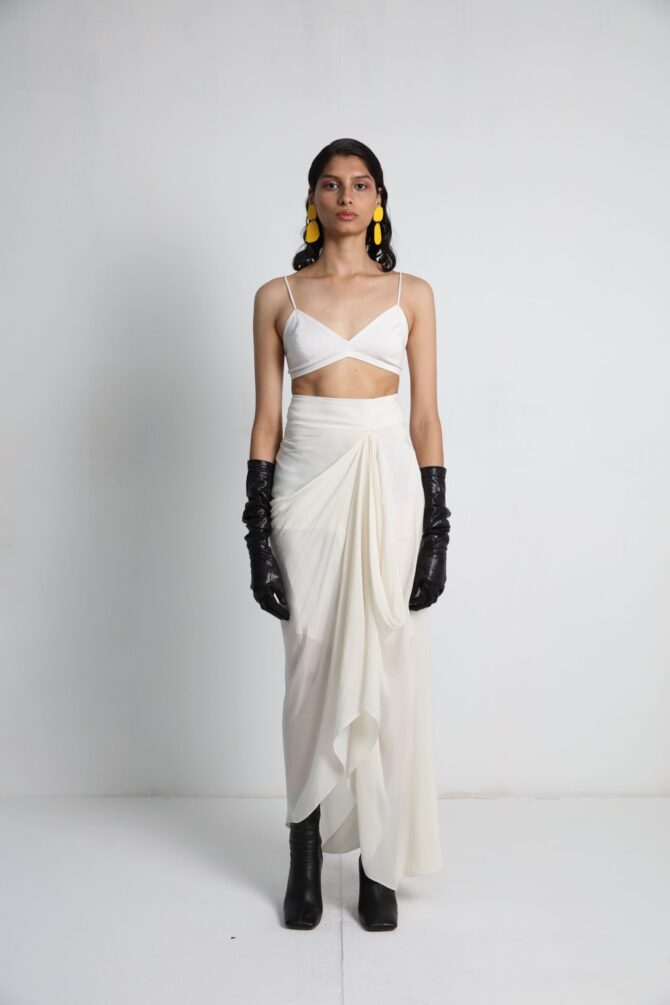Long Jacket with Draped Skirt and Bralette