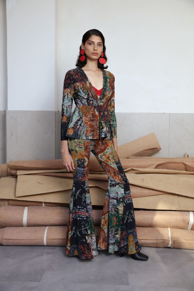 Long Jacket with flared pants and Bralette