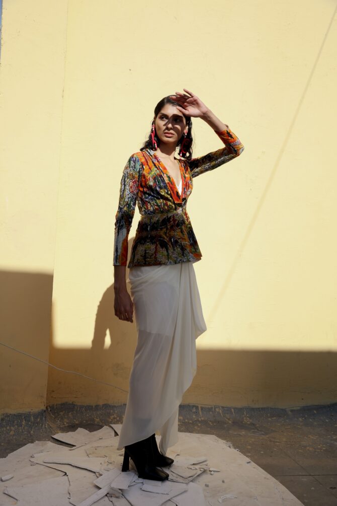 Long Jacket with Draped Skirt and Bralette