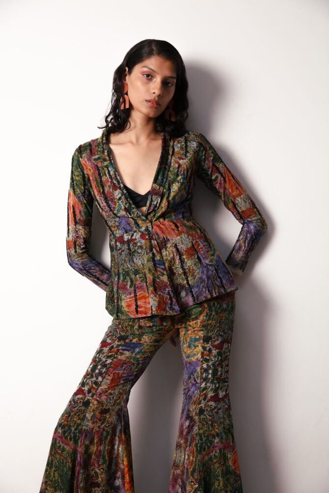 Long Jacket with flared pants and Bralette