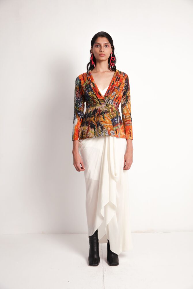 Long Jacket with Draped Skirt and Bralette