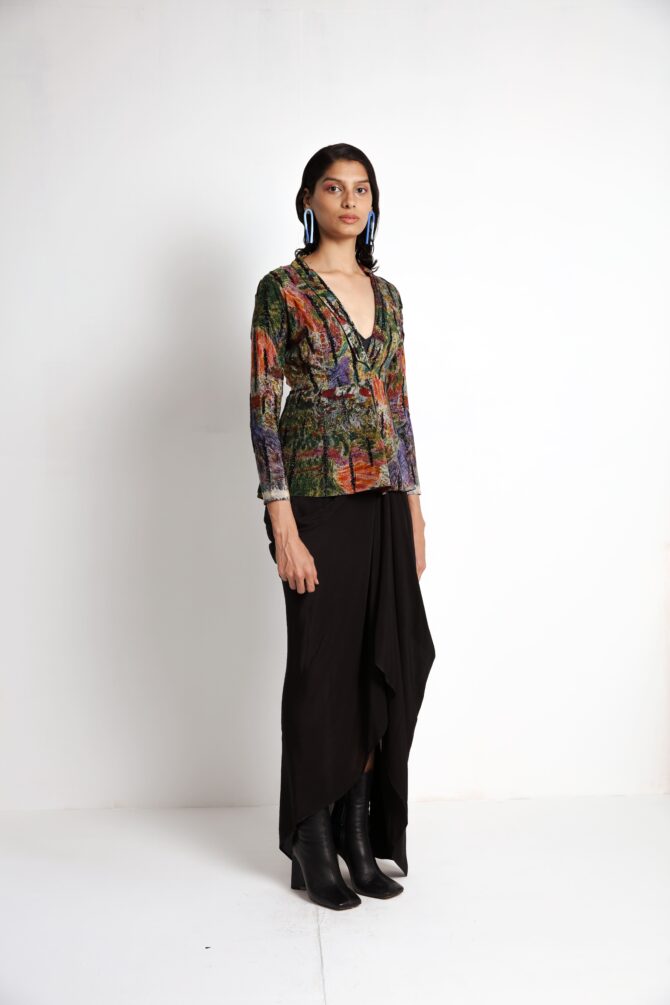 Long Jacket with Draped Skirt and Bralette